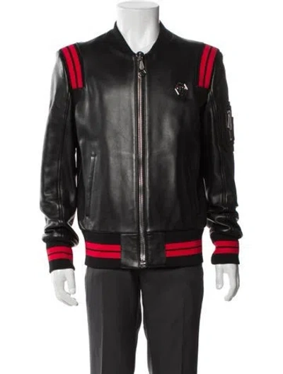 Pre-owned Philipp Plein Calf Leather Striped Bomber Jacket In Black