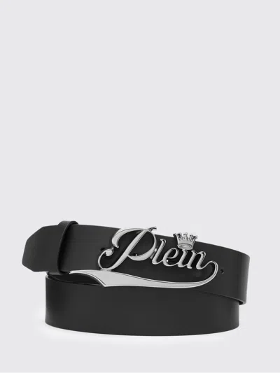 Philipp Plein Calfskin Leather Belt With Metallic Logo Plaque In Black