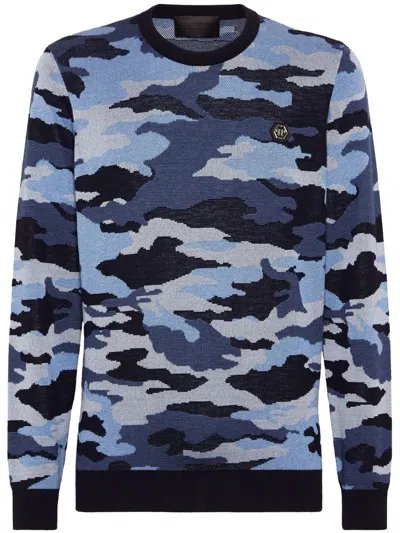 Philipp Plein Camouflage-pattern Merino Jumper In Blue