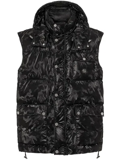 Philipp Plein Camouflage-print Hooded Puffer Gilet In Black