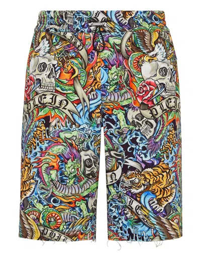 Philipp Plein Graphic-print Cotton Shorts In Multi