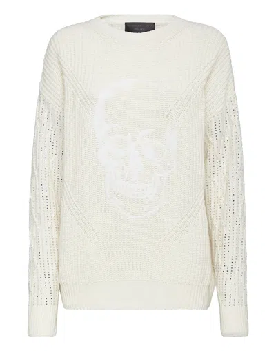 Philipp Plein Cashmere 5 Pullover Round Neck Ls Crystal Skull In White