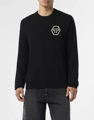 Philipp Plein Cashmere Roundneck Pullover Jacquard Hexagon Men In Black
