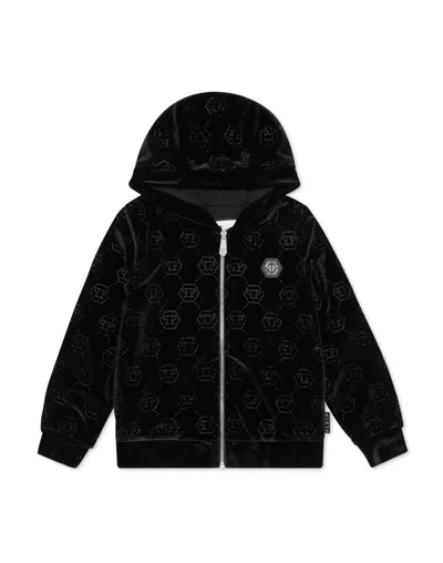 Philipp Plein Kids' Chenille Hoodie Sweatjacket Strass Monogram In Black