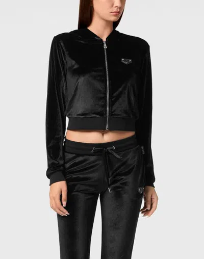Philipp Plein Chenille Hoodie Sweatjacket Strass Skull Women In Black