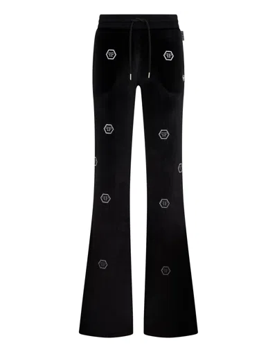 Philipp Plein Chenille Jogging Pants Mini Monogram Strass Monogram Strass In Black