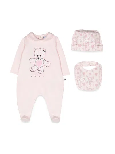 Philipp Plein Chic Baby Romper, Bib And Bonnet Set In Pink