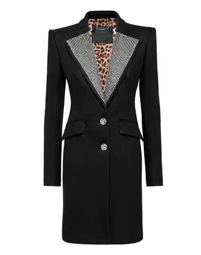 Philipp Plein Coat Long Crystal In Black