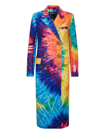 Philipp Plein Coat Long Fur Insert Tie Dye In Multi