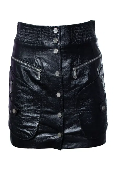 Philipp Plein , Coated Leather Skirt In Black
