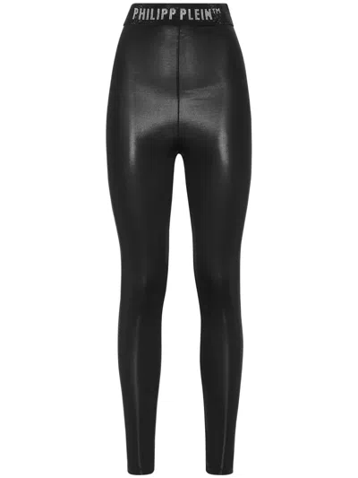 Philipp Plein Coated Logo-waistband Leggings In Black
