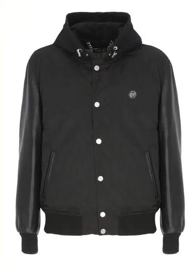 Philipp Plein Bomber Jacket Leather Sleeves In Black