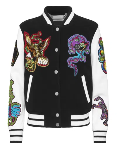 Philipp Plein College Bomber Leather Sleeves Tattoo Patches In Black