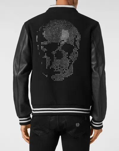 Philipp Plein College Bomber With Deer Leather Sleeves Skull Strass In Black