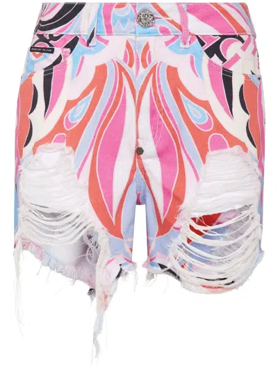 Philipp Plein Colorful Circus Ripped Mini Shorts In White