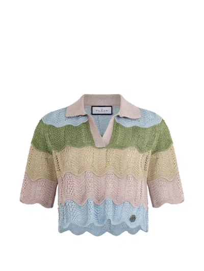 Philipp Plein Colour Wave Knitted Cropped Polo Shirt In Multi