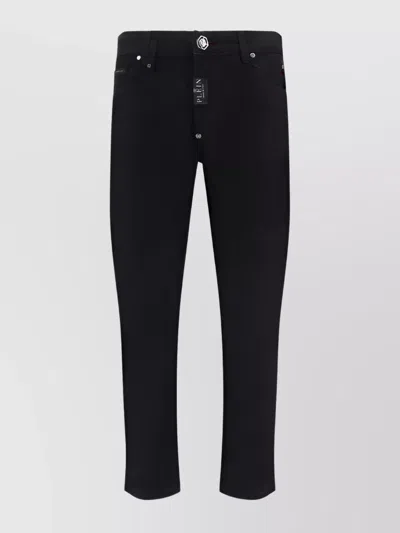 Philipp Plein Cotton Denim Straight Waistband Loops Trousers In Black