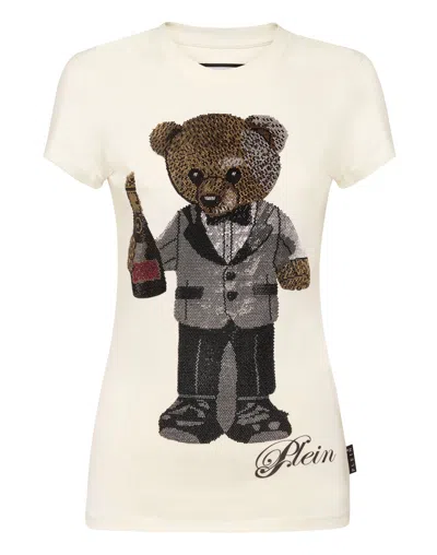 Philipp Plein Cotton Sexy Pure Fit T-shirt Teddy Waiter Crystal In White