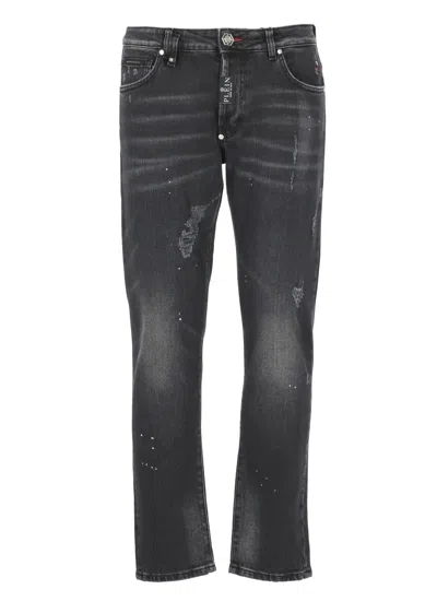 Philipp Plein Distressed-effect Straight-leg Jeans In Black