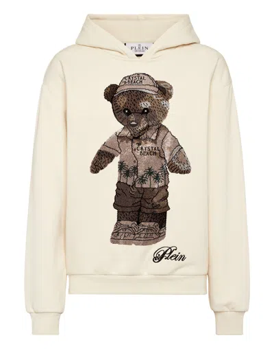 Philipp Plein Cotton Venice Beach Fit Hoodie Teddy Beach Crystal In Neutral