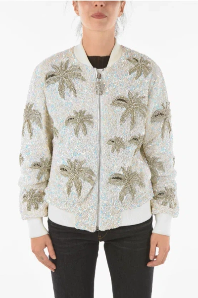 Philipp Plein Couture All-over Sequine And Crystal Aloha Plein Bomber Jack In White