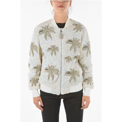 Philipp Plein Couture All-over Sequine And Crystal Aloha Plein Bomber Jack In White