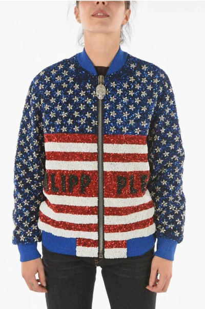 Philipp Plein Couture All-over Sequine And Crystal America Bomber Jacket In Blue