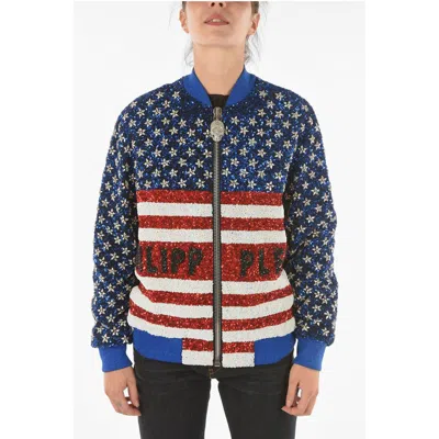 Philipp Plein Couture All-over Sequine And Crystal America Bomber Jacket In Blue