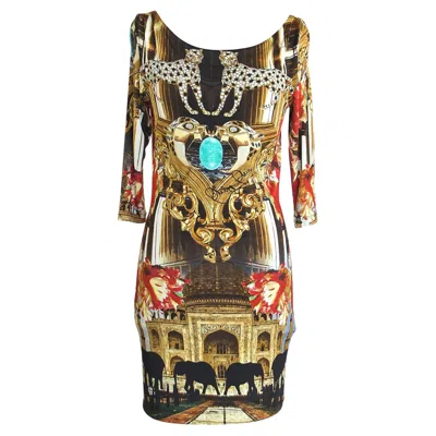 Pre-owned Philipp Plein Couture Dress Limited Edition Exotic Indian Print 3/4 Sleeve S In Brown
