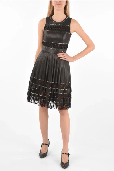 Philipp Plein Couture Est.1978 Lace Detail Lace Studded Leather Dress With In Black