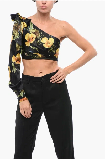 Philipp Plein Couture Floral Patterned Silk One-shoulder Crop Top With Bow In Black