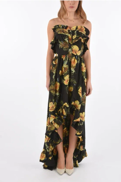 Philipp Plein Couture Floral-print Silk Appeal Strapless Maxi Asymmetrical In Metallic