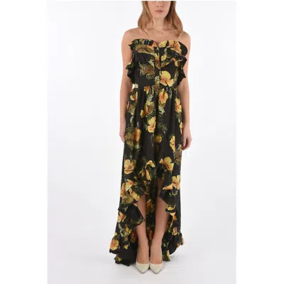 Philipp Plein Couture Floral-print Silk Appeal Strapless Maxi Women's Asymmetrical In Yellow