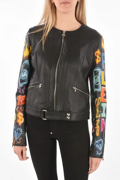 Philipp Plein Couture Leather Jacket Graffiti With Printed Sleeves In Multi