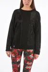 Philipp Plein Couture Lurex Ls Cable Knit Sweat With Crystal In Black