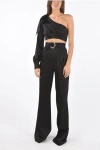 Philipp Plein Couture Silk Boot Cut Pants Suit With One Shoulder Crop Top