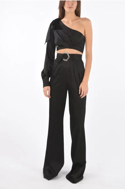 Philipp Plein Couture Silk Boot Cut Pants Suit With One Shoulder Crop Top
