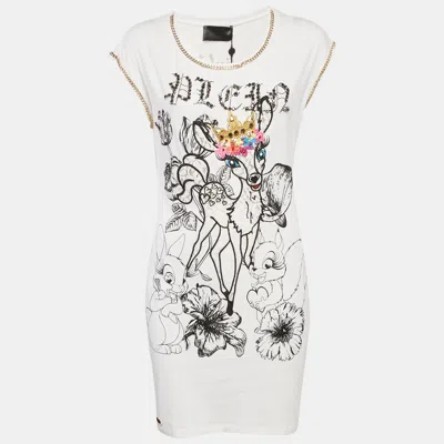 Pre-owned Philipp Plein Couture White Deer Embellished Cotton Mini Dress L