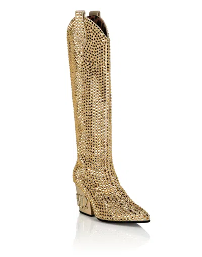 Philipp Plein Cowboy Mid-heel Boots Gothic Plein With Crystals In Gold