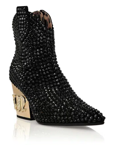 Philipp Plein Cowboy Mid-heel Boots Gothic Plein With Crystals Women In Black