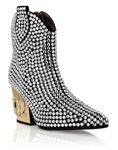 Philipp Plein Cowboy Mid-heel Boots Gothic Plein With Crystals Women In Silver