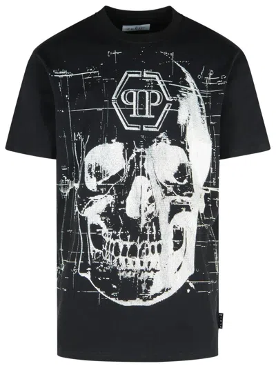 PHILIPP PLEIN CREW NECK BLACK T-SHIRT WITH CRYSTAL SKULL DESIGN AND LOGO PATCH