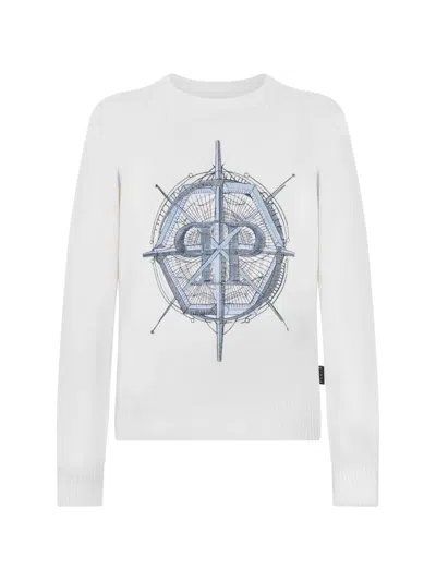 Philipp Plein Crew-neck Wind Rose Sweater In White