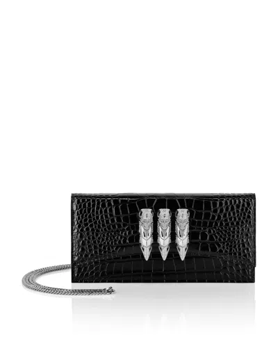 Philipp Plein Crocco Embossed Leather Baguette Handle Bag Skull
