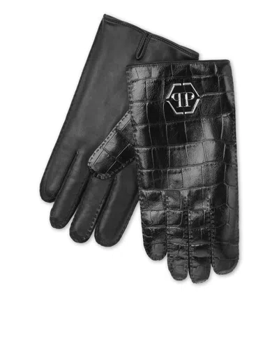 Philipp Plein Crocco Printed Leather Mid-gloves Hexagon In Green