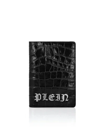 Philipp Plein Crocco Printed Leather Passport Cover Gothic Plein In Black