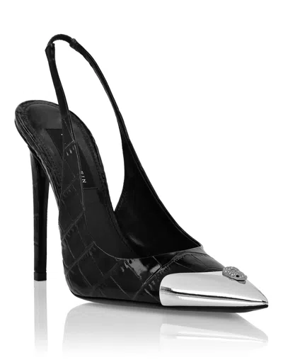 Philipp Plein Crocco Slingback High Heels Shoes Skull Strass In Black