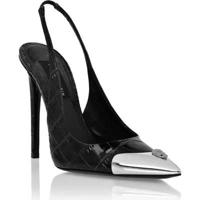 Philipp Plein Crocco Slingback High Heels Shoes Skull Strass Women In Blue