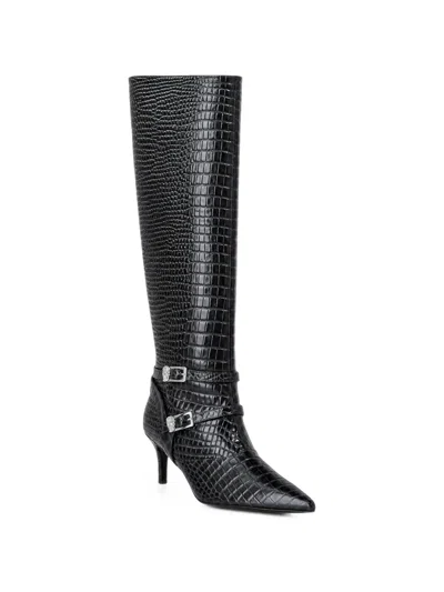 Philipp Plein Croc-effect Buckled Knee-high Boots In Black