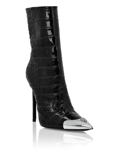 Philipp Plein Croco Boots Mid Heels High Skull In Black